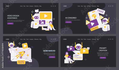 AI-Driven Design Tools set. A complete suite for video design, content moderation, and creative prompt generation. Nurturing innovation in digital media. Vector illustration.