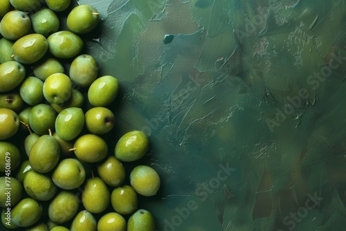 Fresh Green Olives Laid Out on a Smooth Dark Surface, Ready for Culinary Use