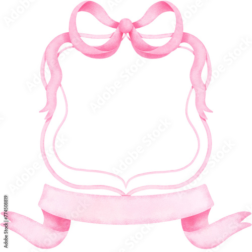 Pink couette bow crest clipart, Wedding victorian art frame and ribbon watercolor illustration.