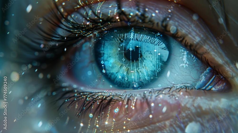 Cybernetic Elegance, With precision, digital data cascades over the eye, merging with its contours, revealing a symbiotic dance between organic essence and technological augmentation.
Cybernetic Elegance, With precision, digital data cascades over the eye, merging with its contours, revealing a symbiotic dance between organic essence and technological augmentation.