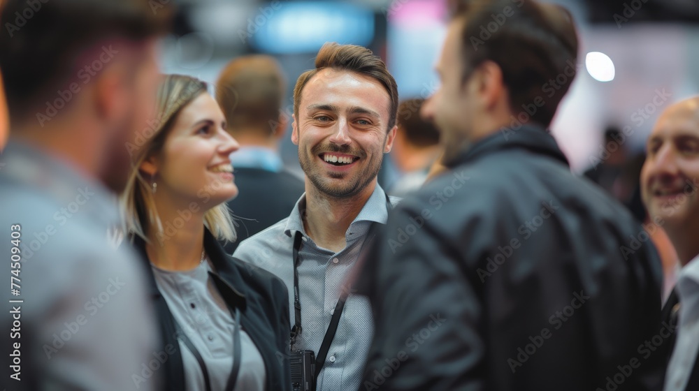 Smiling attendees discuss new products at the exhibition, with a brightly lit stand in focus. A handsome man in a business casual shirt laughs among colleagues. Smiling attendees discuss new products at the exhibition, with a brightly lit stand in focus. A handsome man in a business casual shirt laughs among colleagues.