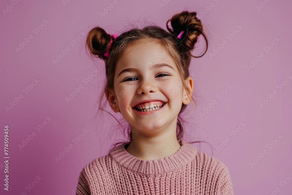 Portrait of a smiling little girl in a pink sweater on a pink background Portrait of a smiling little girl in a pink sweater on a pink background