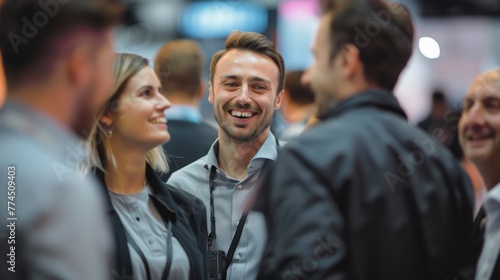 Smiling attendees discuss new products at the exhibition, with a brightly lit stand in focus. A handsome man in a business casual shirt laughs among colleagues. © Surachetsh