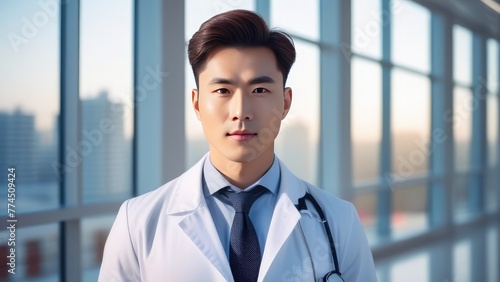 Chinese man doctor in a white coat with a sweet smile against the background of a hospital ward. The concept of modern medicine, health