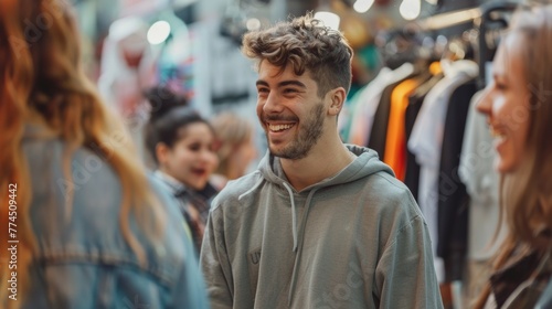 Smiling attendees discuss new products at the exhibition, with a brightly lit stand in focus. A handsome man in a business casual shirt laughs among colleagues.