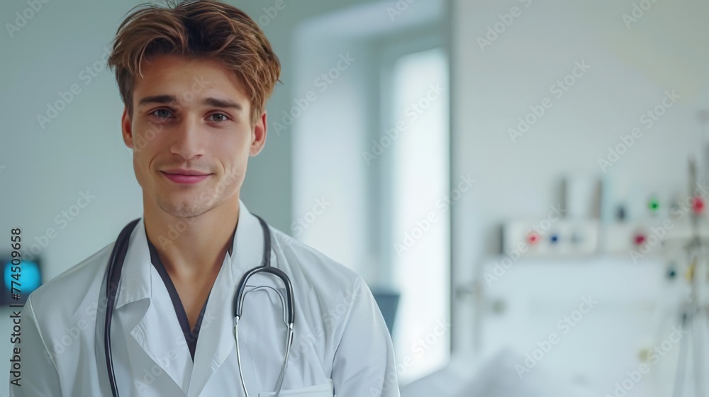 man doctor in a white coat with a sweet smile against the background of a hospital ward. The concept of modern medicine, health. man doctor in a white coat with a sweet smile against the background of a hospital ward. The concept of modern medicine, health.