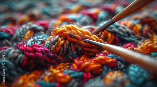 With a deft hand, the knitting needles transform strands of yarn into a masterpiece of texture and pattern, their movements captured in cinematic detail.  photo