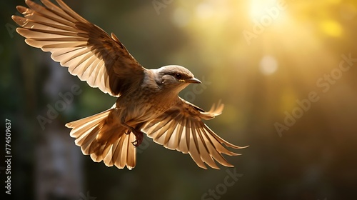 Majestic Flight: A Thrush Soaring through the Enchantment of a Mystical Forest, Capturing Nature's Spellbinding Beauty in Motion