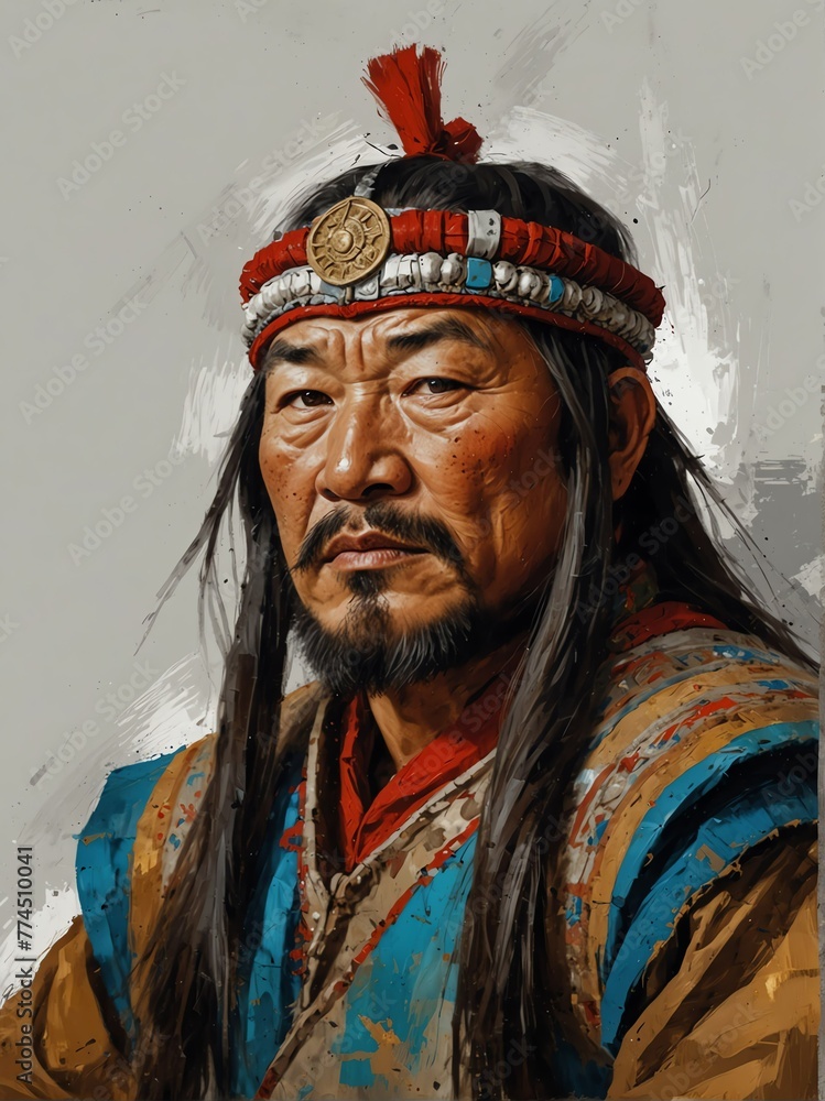 genghis khan portrait oil pallet knife paint painting on canvas with large brush strokes art illustration on plain white background from Generative AI
