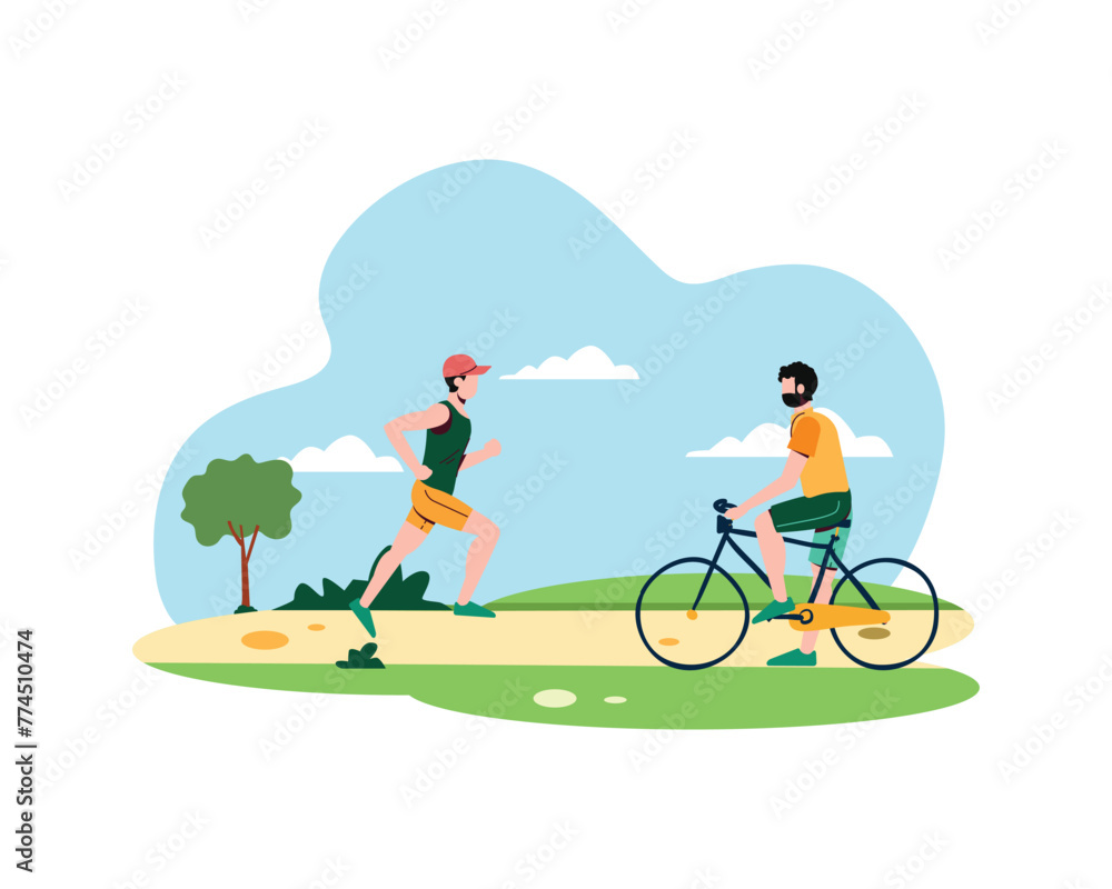 People jogging and ride a bicycle in the park scene. Healthy lifestyle concept. Sport and leisure activities in public space vector illustration design