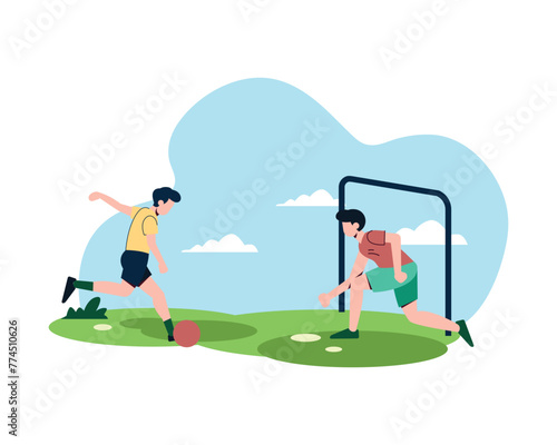 Football player kicking penalty flat vector illustration. Intense football match decisive goal, opposing teams fiercely fighting for win in the park. Football or soccer playing sport concept