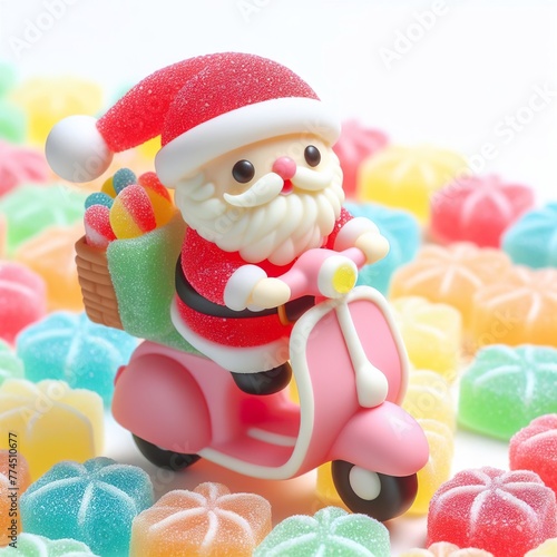 a cute santa shipper riding a scooter made of pastel color rainbow gummy candy on a white background