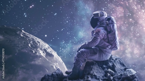 astronaut sitting on a comet observing stars
