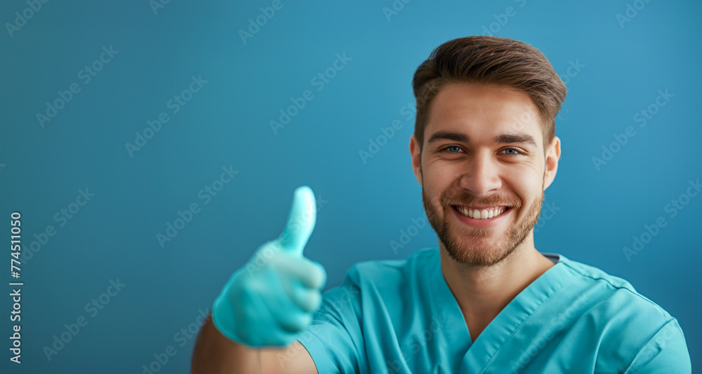 Young smiling handsome male nurse, assistant in a medical coat and glove show thumb-up fine gesture on blue background. Health care recommendation, medical service, insurance concept Young smiling handsome male nurse, assistant in a medical coat and glove show thumb-up fine gesture on blue background. Health care recommendation, medical service, insurance concept