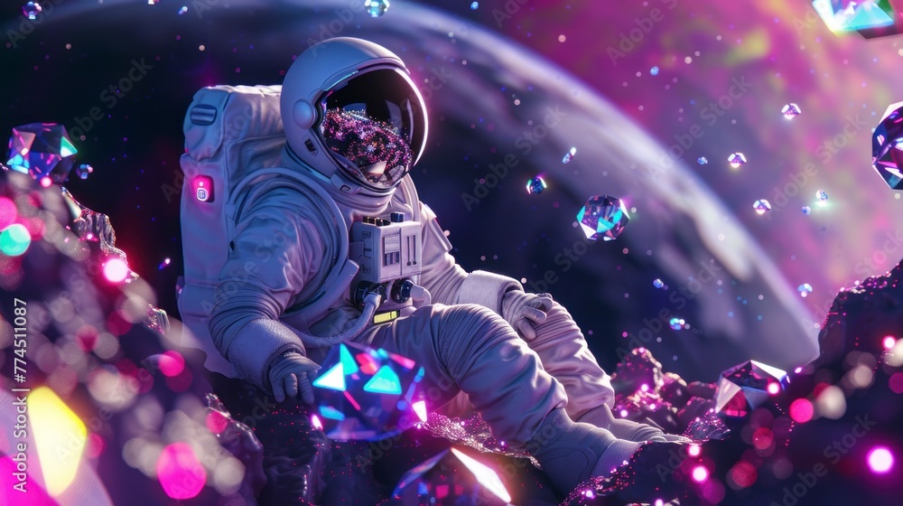 astronaut on a neon diamond planet in the universe in high resolution and high quality
