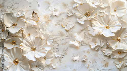 white butterflies on white with gold tint flowers painted with oil - Generative AI