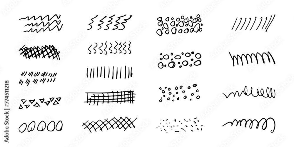 Brushes and elements for notes highlighting text. Strokes lines doodles dotted wavy strokes. Vector illustration... - obrazy, fototapety, plakaty 