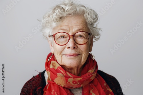 Senior Woman with Red Glasses and Elegant Scarf. Generative AI.