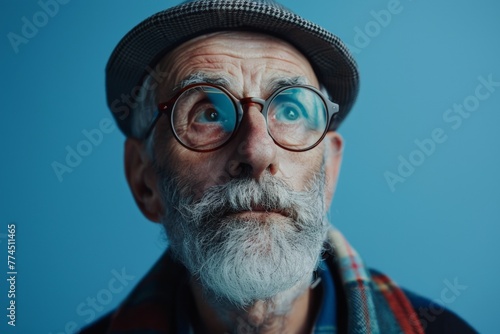 Elderly Man with Hat and Glasses Looking Upward. Generative AI.