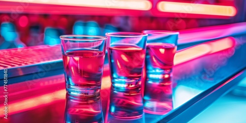 Three glasses containing clear water are placed on a bar counter photo
