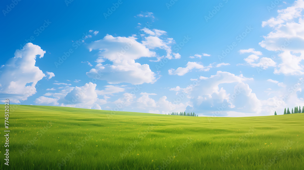 Green grass field and blue sky with white clouds