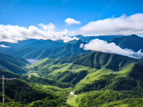 The green mountains of China  blue sky and white clouds  high definition photography  aerial perspective  overlooking the entire mountain range