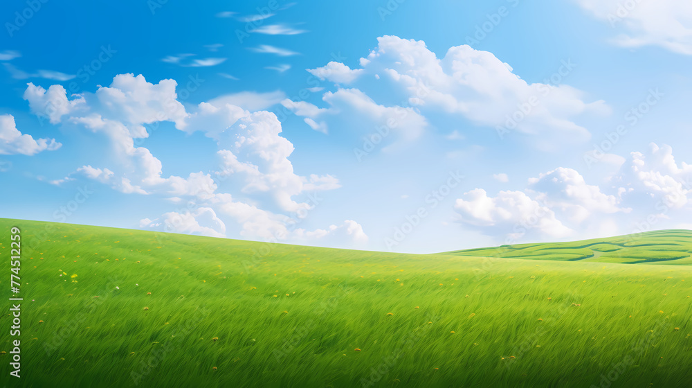 Green grass field and blue sky with white clouds