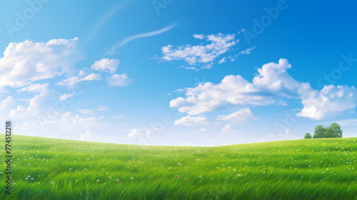 Green grass field and blue sky with white clouds