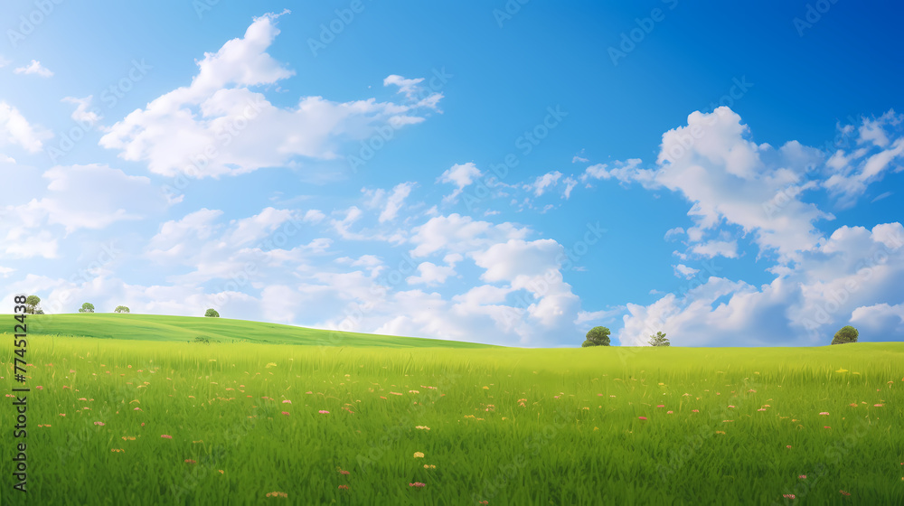 Green grass field and blue sky with white clouds