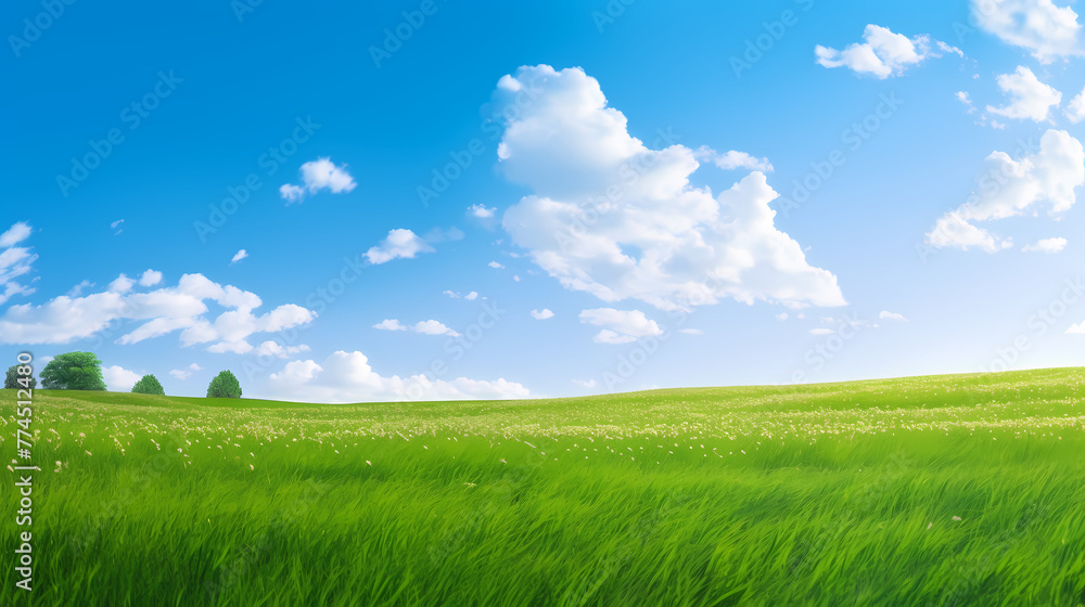 Green grass field and blue sky with white clouds Green grass field and blue sky with white clouds