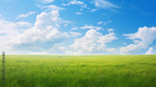 Green grass field and blue sky with white clouds