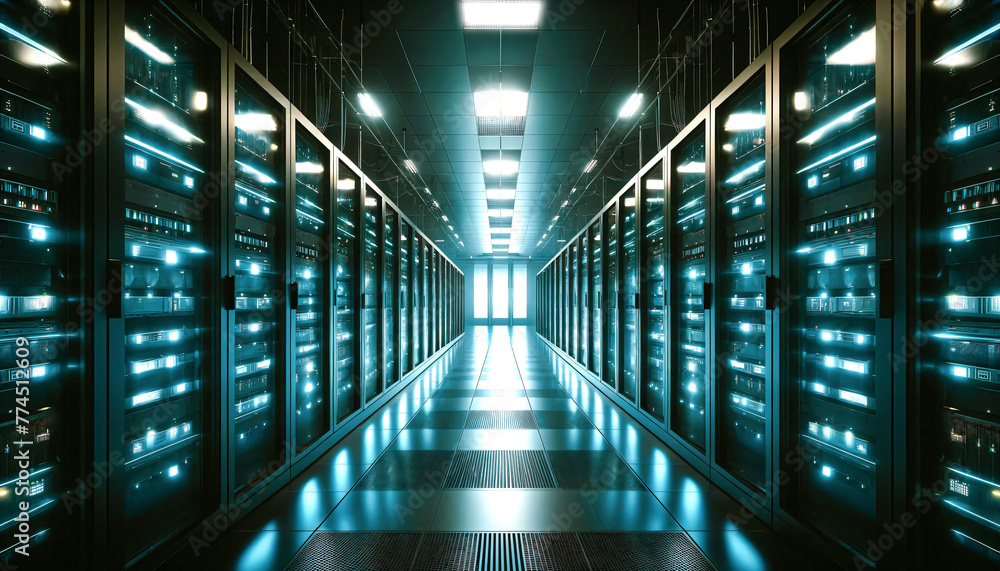 Fototapeta premium Data Technology Centre; Server Rack Room in operation.