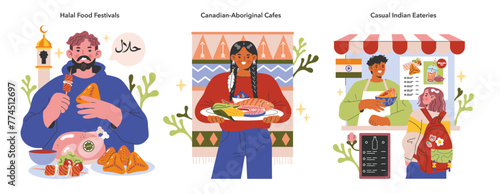 Culinary Culture set. Savoring delicacies at Halal Food Festivals. Authentic taste offered at Canadian-Aboriginal Cafes. Enjoying vibrant flavors at Casual Indian Eateries. Vector illustration