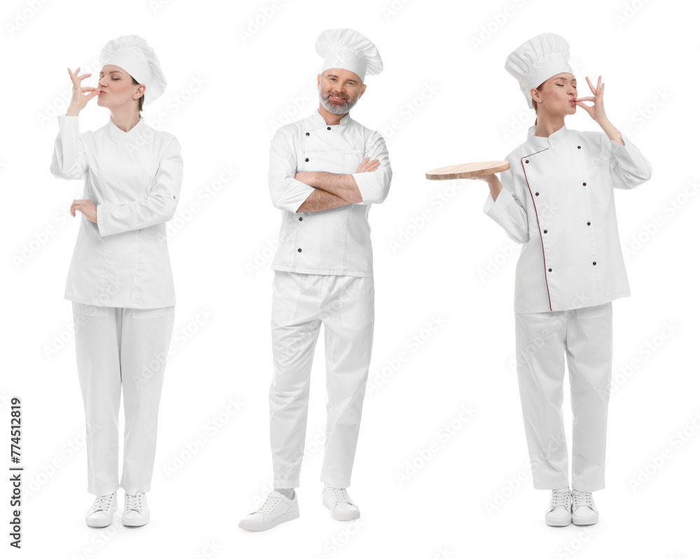 Chefs in uniforms on white background, set with photos Chefs in uniforms on white background, set with photos
