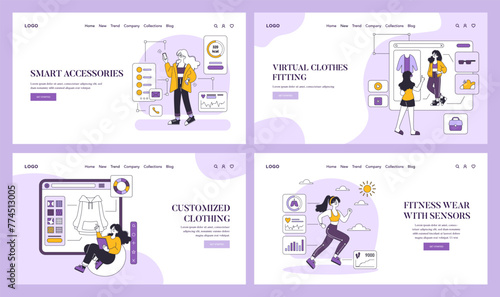 Fashion Technology Evolution set. Featuring smart accessories, virtual clothing fitting, custom apparel design, and fitness wear with sensors. Digital wardrobe innovation. Vector illustration