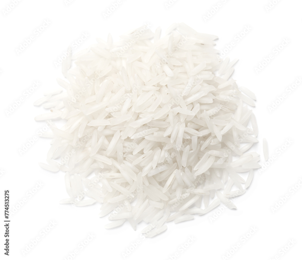 Pile of raw basmati rice isolated on white, top view