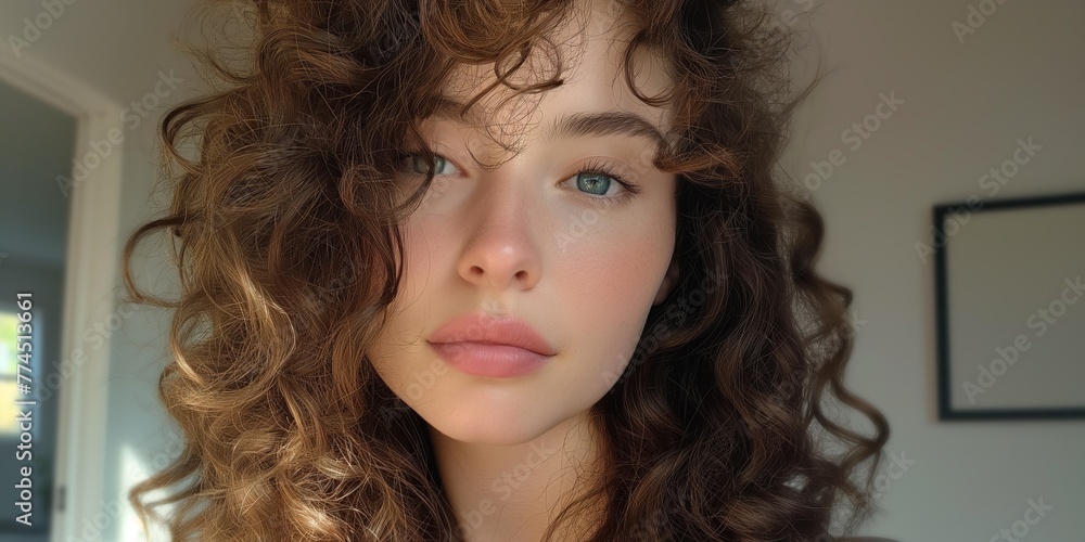 A close-up view of a regular American woman with curly hair. A close-up view of a regular American woman with curly hair.