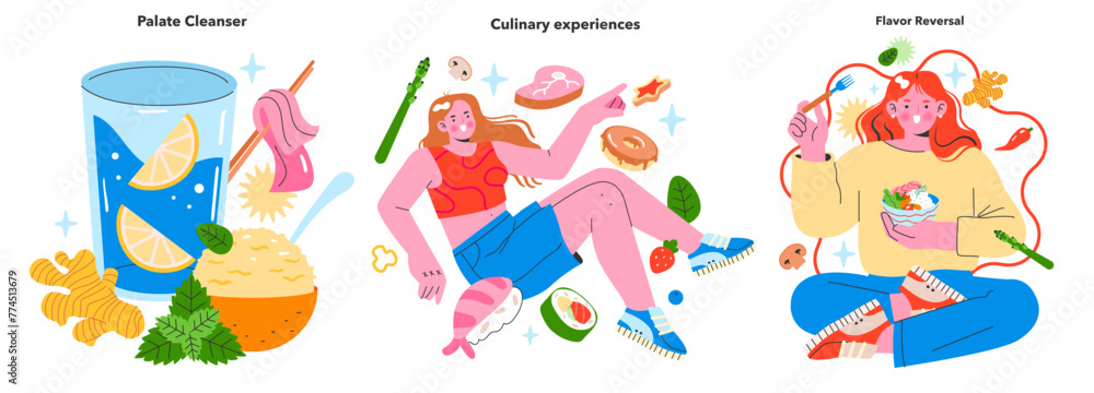 Gastronomic Adventures set. Celebrating the art of palate cleansing, exploring culinary experiences, and the playful concept of flavor reversal. Vector illustration for foodies Gastronomic Adventures set. Celebrating the art of palate cleansing, exploring culinary experiences, and the playful concept of flavor reversal. Vector illustration for foodies