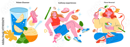 Gastronomic Adventures set. Celebrating the art of palate cleansing, exploring culinary experiences, and the playful concept of flavor reversal. Vector illustration for foodies © inspiring.team