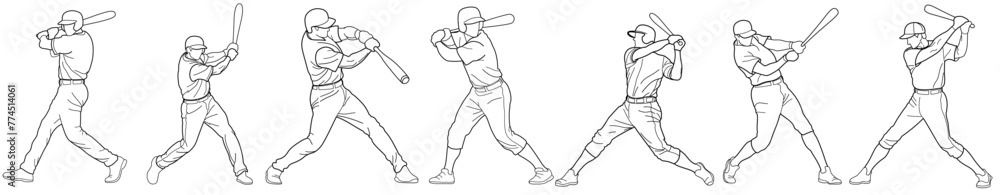 Set of baseball athletes with bats swinging for a hit, drawn in outlines, black on white background Set of baseball athletes with bats swinging for a hit, drawn in outlines, black on white background