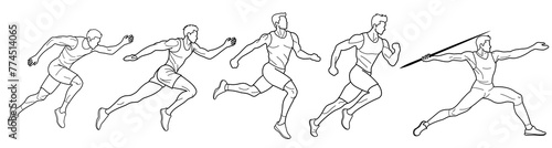 Set of athletes runners and javelin thrower, drawn in outlines, black on white background