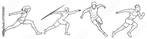 Set of athletes runners, jumpers and javelin thrower, drawn in outlines, black on white background