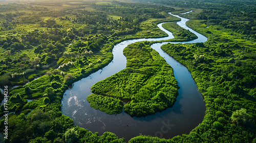 aerial view of a river delta with lush green vegetation and winding waterways, Aerial drone landscape view of a river delta, Generative Ai 