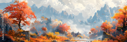 sunset over the mountains,
 Painting Style Illustration Banner Wallpaper Beauty