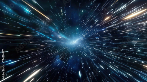 Lightspeed time travel background showcasing a fast journey through star galaxies and cosmos exploration. A neon line streak abstract backdrop illustrates the motion of traveling at the speed of light