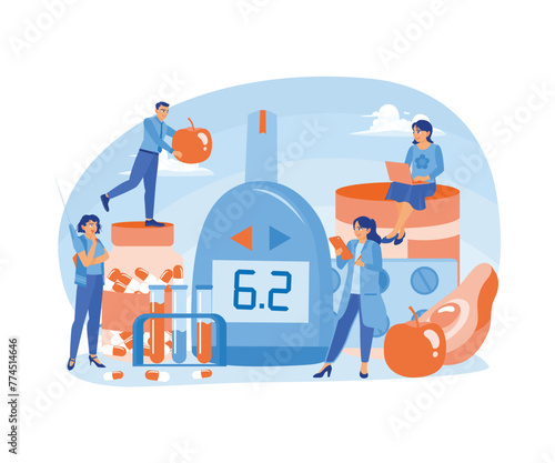 People do blood sugar tests. Health nutrition and food for diabetes. Diabetes Levels concept. Flat vector illustration.