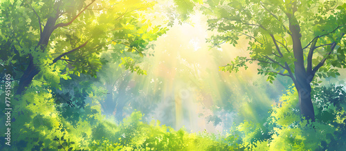 The sun s rays filter through the trees in a foggy forest  creating a magical natural landscape with misty surroundings.