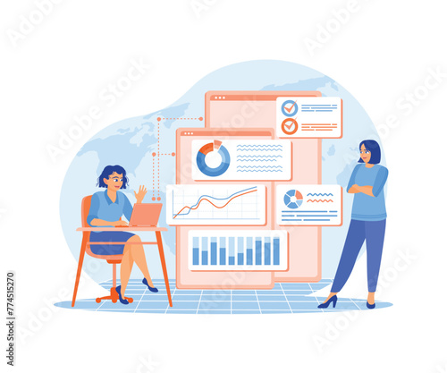 The financial expert analyzes data using a laptop. Businesswoman developing marketing strategy. Data Analysis Concept. Flat vector illustration. © berkah design