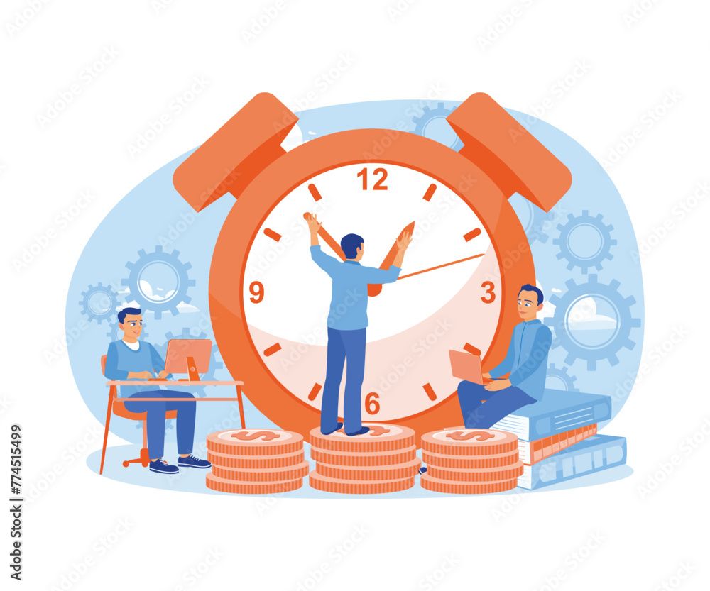 Business people control working time. Completing work to achieve goals. Time management concept. Flat vector illustration. Business people control working time. Completing work to achieve goals. Time management concept. Flat vector illustration.