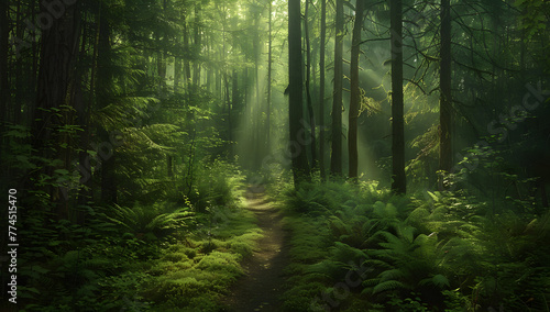 The sun s rays filter through the trees in a foggy forest  creating a magical natural landscape with misty surroundings.